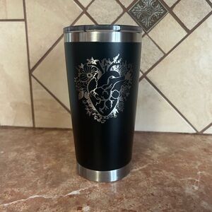 Black Stainless Steel Travel Tumbler with Anatomical Heart Floral Design